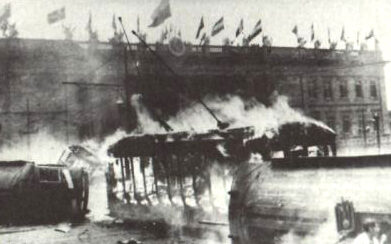 Tram burning in front of the Capitolio during El Bogotazo, 1948